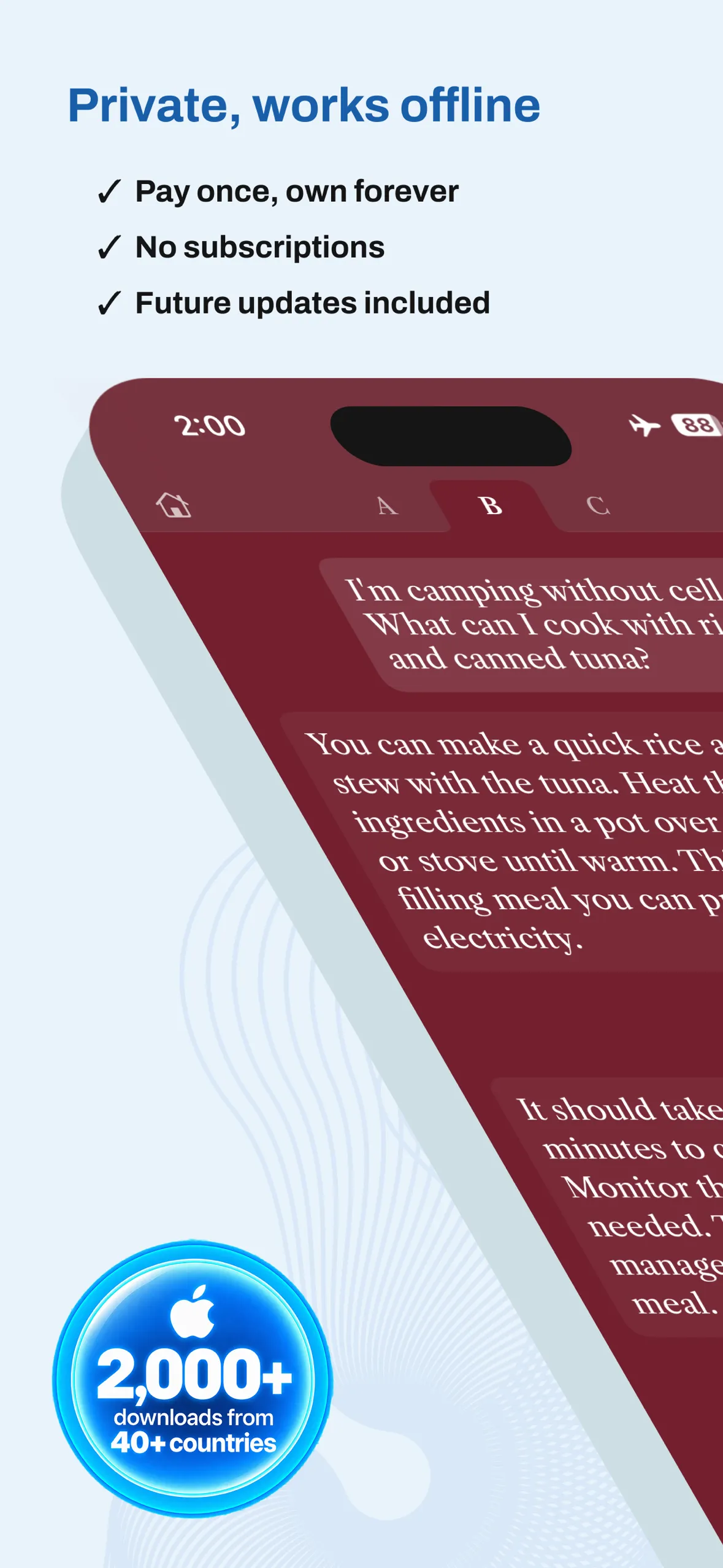 Cloak answering a camping question on an iPhone in airplane mode, headlined Private, works offline, with Pay once, own forever, No subscriptions and Future updates included, and a badge reading 2,000+ downloads from 40+ countries
